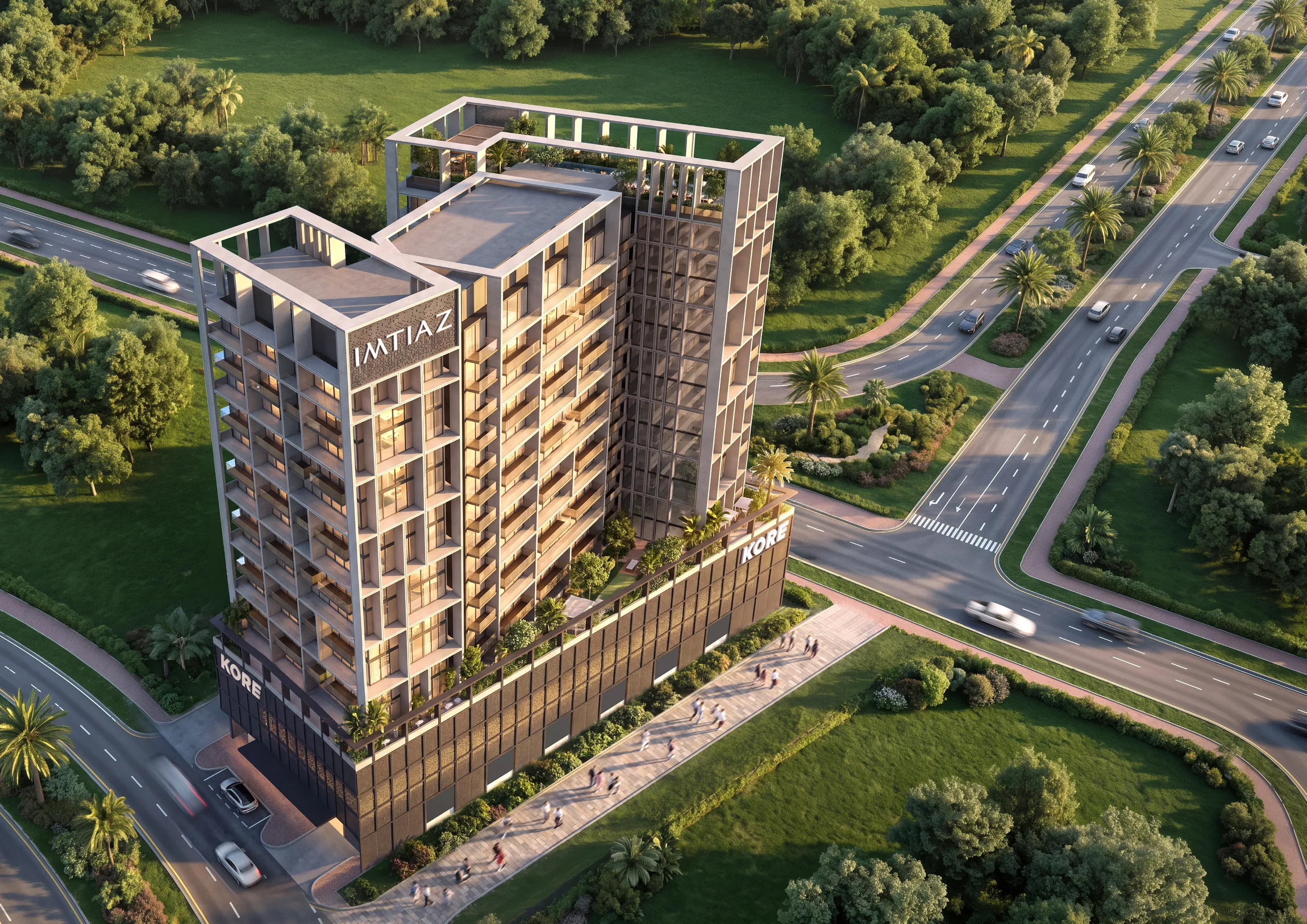 Vue aérienne indicative de la résidence KORE by Imtiaz à Dubai Land